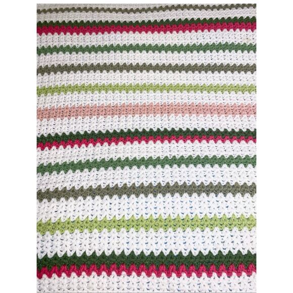 Handmade Crochet Striped Throw Blanket White Pink Green Afghan 50x56 Cozy Decor - Picture 3 of 4
